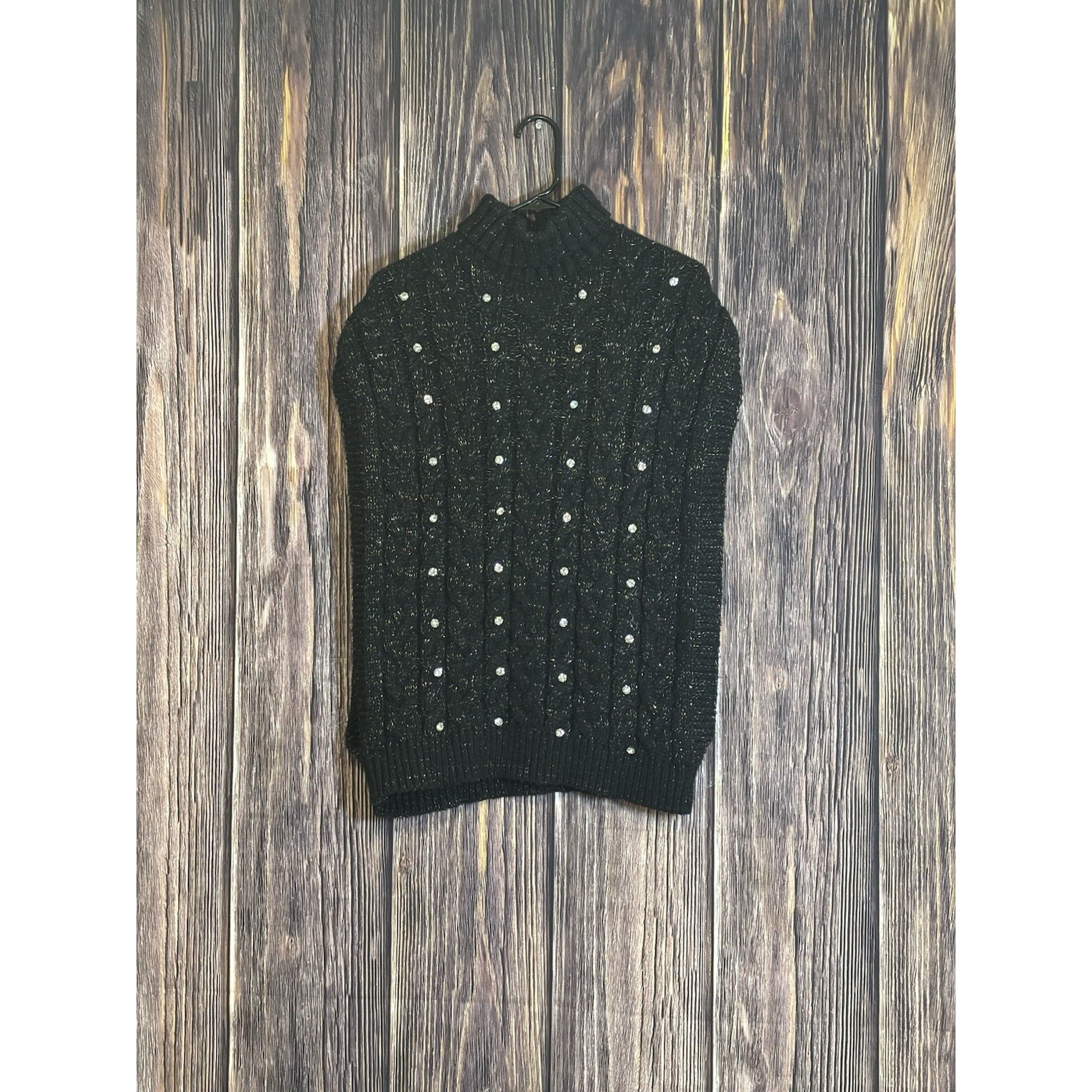 On Twelfth Womens Black Poncho Sweater Small Cable Knit Rhinestone Embellished